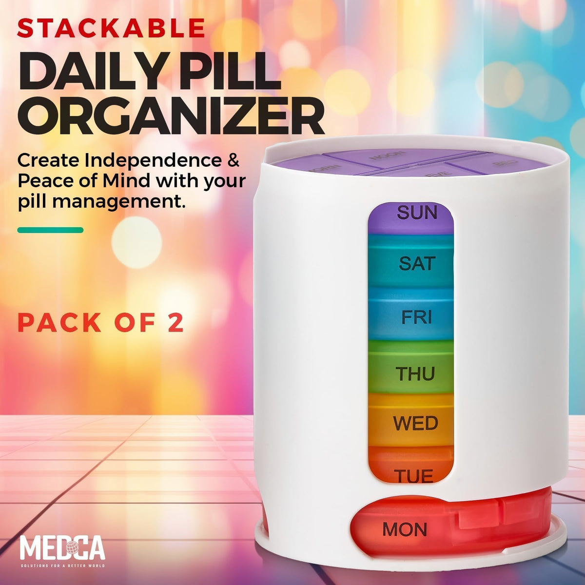 Weekly Pill Organizer, 1 Dispenser, 7 Stackable Multi-Color Compartments Four Times-a-Day - Morning, Noon, Evening, and Bedtime, White, 2-Pack