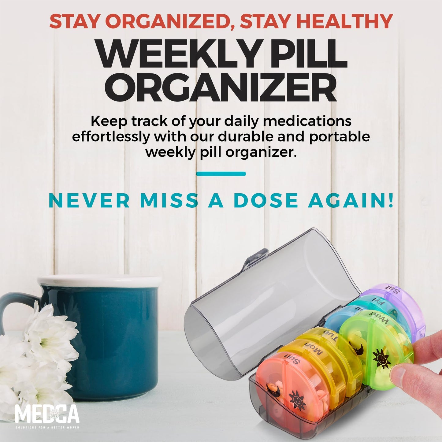 Weekly Pill Organizer - 2 Times-A-Day Compartments - 7 Day AM/PM Pill Container - Portable, Durable and Convenient Travel Pills Case for Tablets, Fish Oils, Vitamins and Supplements, Rainbow, 1 Pack