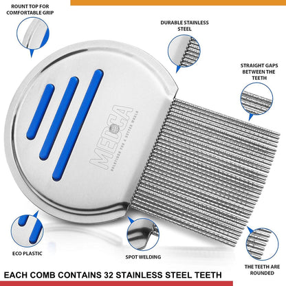 Lice Comb - (Pack of 2) Stainless Steel Professional Lice Combs and Head Lice Treatment to Effectively Get Rid of Hair Lice and Nits, Best Results for Infection and Re-infection in Kids & Adults