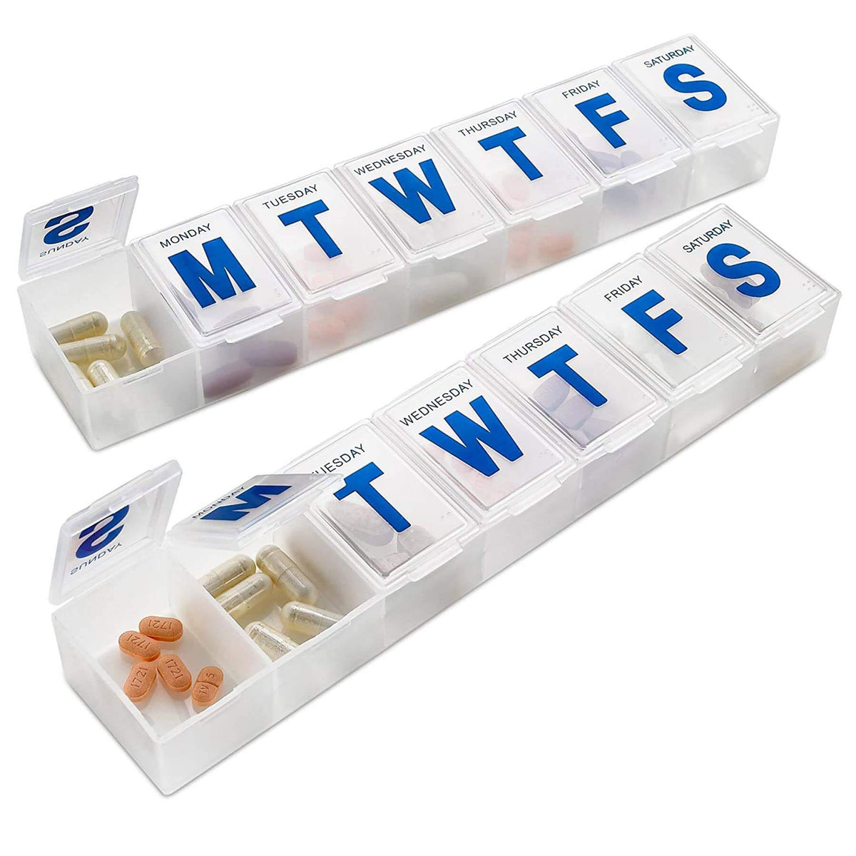 Weekly Pill Organizer - (Pack of 2) Extra Large Vitamin Container with Jumbo Easy to Read Letters, BPA Free - Daily Trav