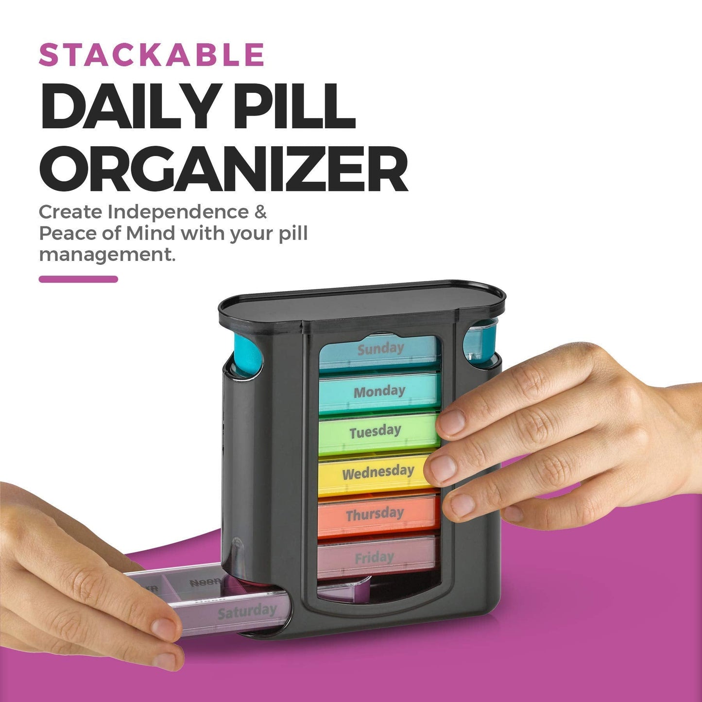 Stackable Daily Pill Organizer - 2 Pack, 4 Times a Day Weekly Medication Reminder - Premium Weekly AM/PM Pill Box with 7 Individual Stacking Cases, a Everyday Medicine Organizer for Vitamins
