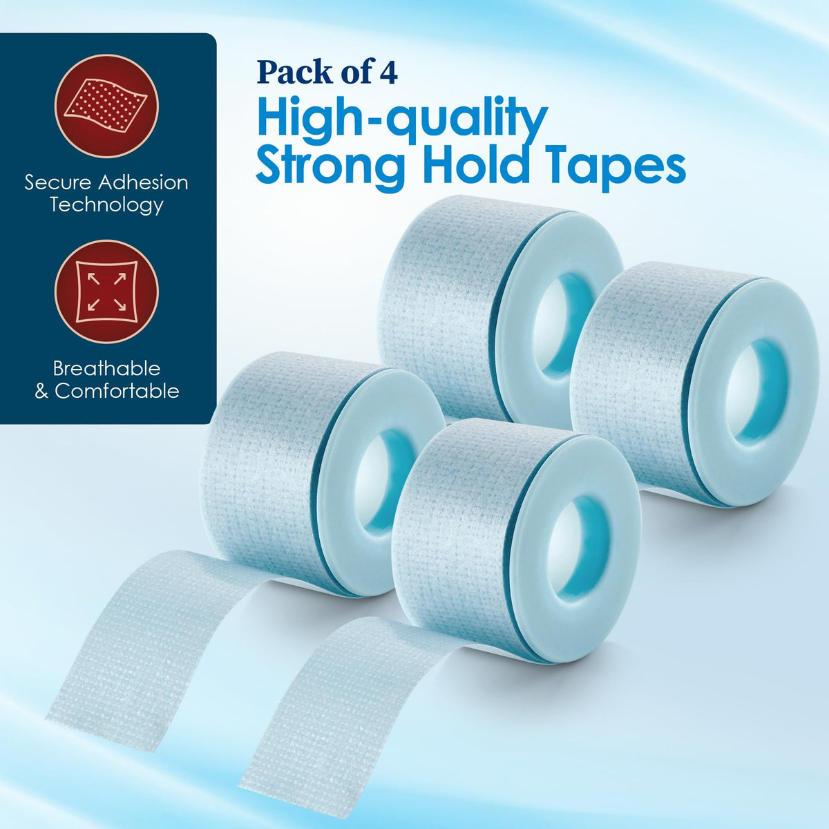 Sensitive Skin Low Trauma Tape Rolls - 1 Inch x 4 Yards Blue Tape First Aid Rolls, Minimal Hair Pulling for Wounds, Lash Tape for Eyelash Extensions, (Pack of 4)