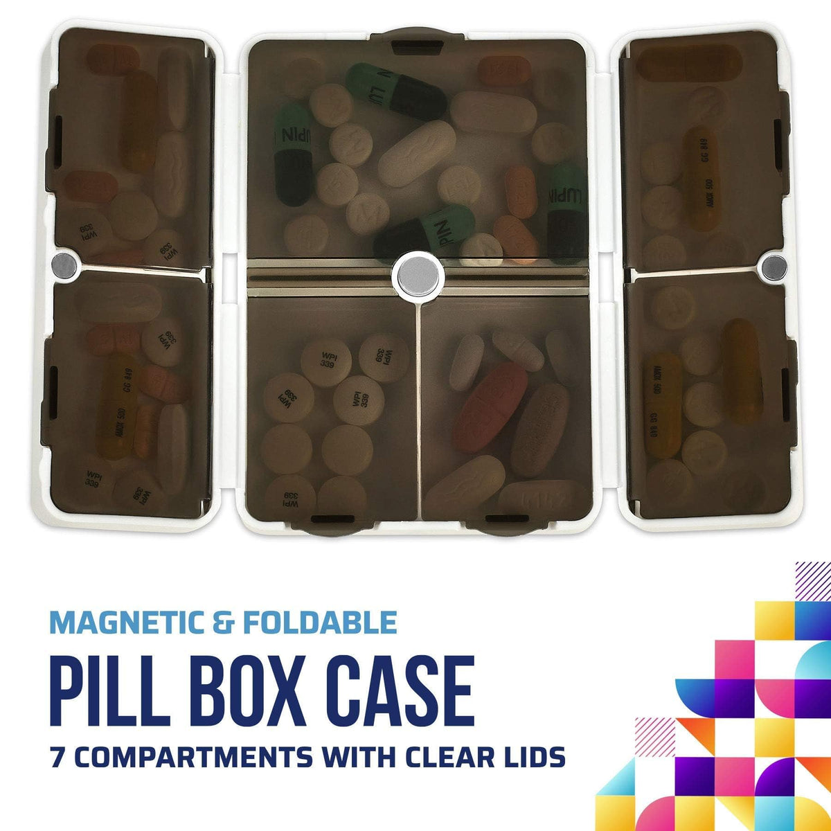 Magnetic Foldable Pill Box Case - (2 Pack) 7 Day Weekly Medicine Organizer - Portable Compact Lightweight Pill Container w/ 7 Compartments, Dustproof, Air-Tight, BPA-Free f Vitamins and Supplements