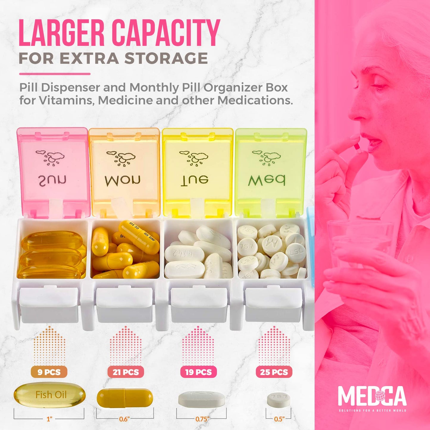 7 Day AM PM Pill Organizer – With Push Button Assisted Open A Daily Travel Pill Box Case Planner And Large Compartments For Medication Vitamins Fish Oil & Supplements, BPA Free – By