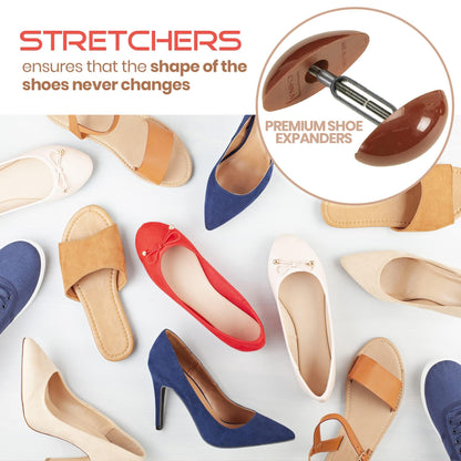 Shoe Stretcher Total of 4 Stretchers, Shape Extenders and Width Extender for Men's & Women's Shoes or Boots, 2 Pairs, Brown