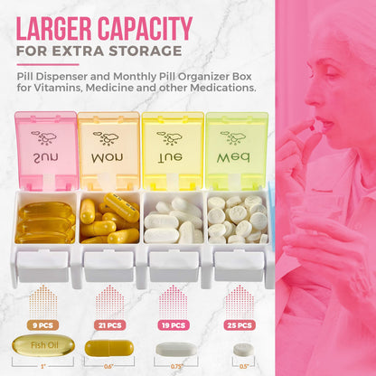 7 Day Pill Organizers - (Pack of 2) Easy Push Button Assisted Open, AM PM Daily Travel Pill Box Case Planner and Large Compartments for Medication Vitamins Fish Oil & Supplements, BPA Free