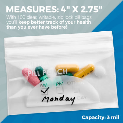 Pill Pouch Bags - (Pack of 100) 4'' x 2.75" - 3 Mil BPA-Free, Poly Bag Disposable Zipper Pills Baggies, Daily AM PM Travel Medicine Organizer Storage Pouches, Best Clear Reusable with Write-on Labels
