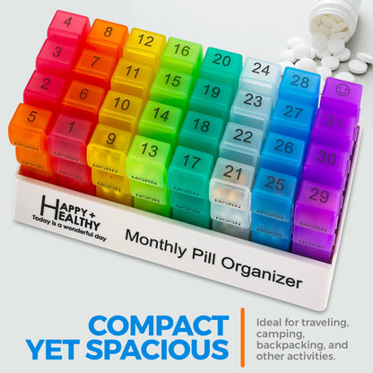 Month Pill Box Organizer - 3-Times-A-Day | Morning-Noon-Night - 30 Day Pill Case with 32 Daily Compartments for Vitamins, Supplements, Medication - Travel Monthly Pill Organizer 3 Times A Day
