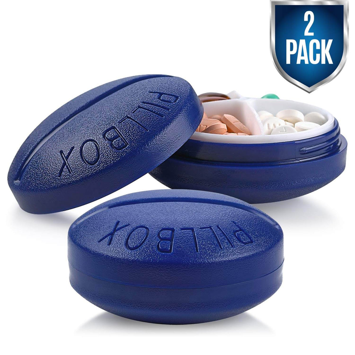 Small Pill Boxes - Pack of 2 - Mini Compact Round Portable 4 Compartment Travel Pills Case Organizer, Vitamin and Medica