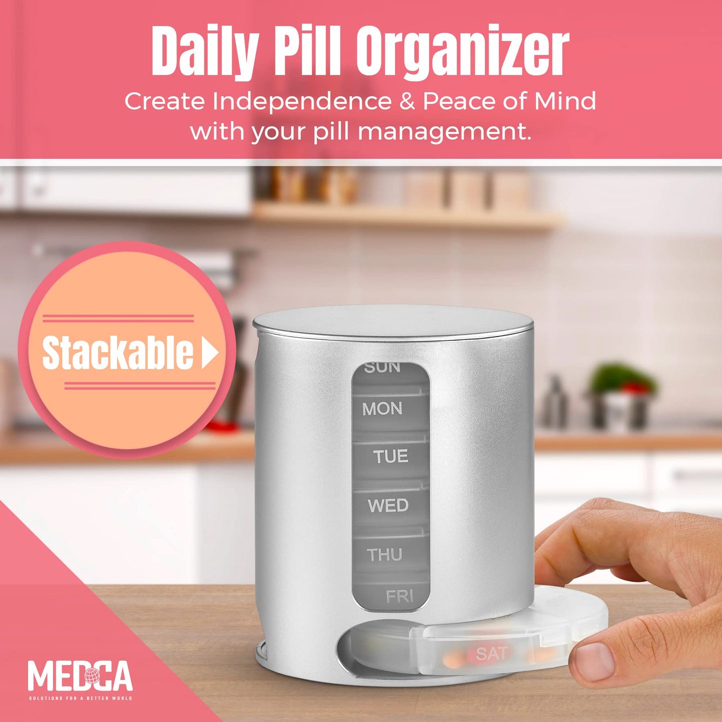 Stackable Daily Pill Organizer - Premium Weekly Medication Reminder with 7 Individual Stacking Cases - Weekly AM/PM Pill Box with 4 Times a Day, a Everyday Medicine Organizer for Vitamins, Silver