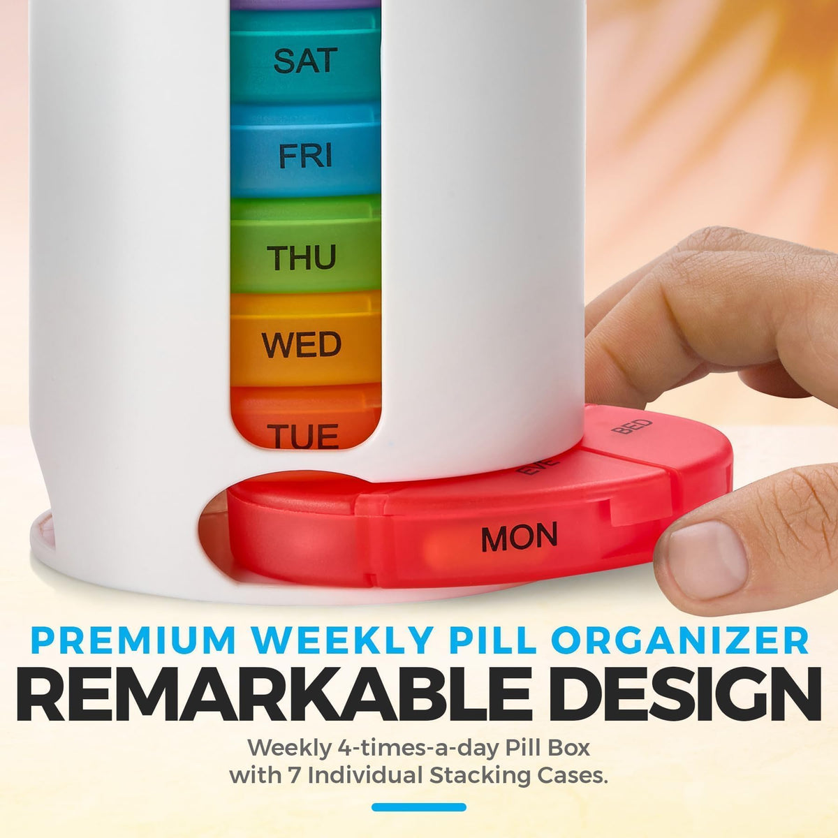 Weekly Pill Organizer, 1 Dispenser, 7 Stackable Multi-Color Compartments Four Times-a-Day - Morning, Noon, Evening, and Bedtime, White, 2-Pack