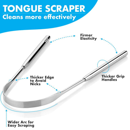 Tongue Scrapers - Pack of 2 - Stainless Steel Tongue Cleaners Brush for Help Getting Rid of Bad Breath & Bacteria - Food Scraper to Keeps Mouth & Teeth Healthy and Clean - Essential Dental Hygiene Kit