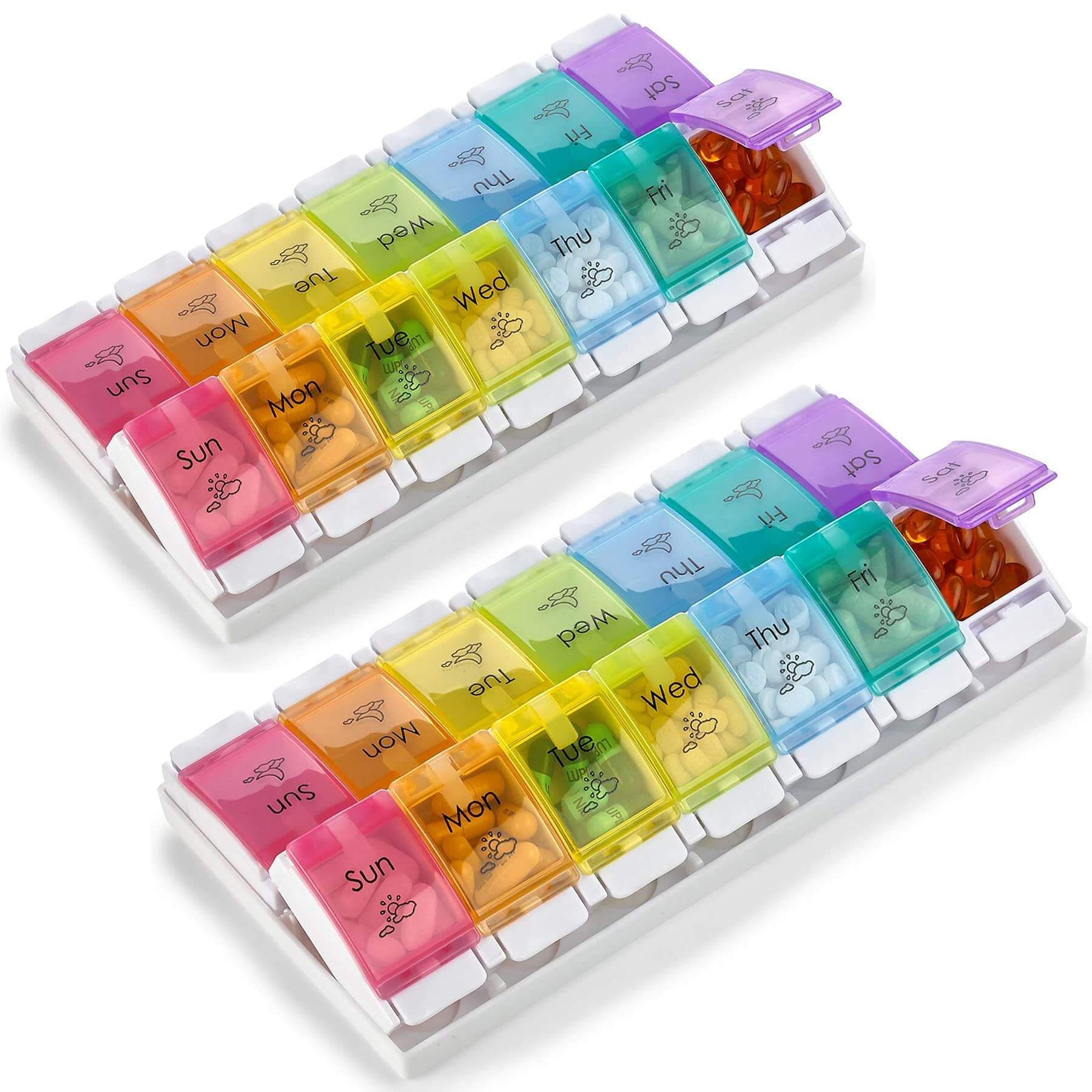 7 Day Pill Organizers - (Pack of 2) Easy Push Button Assisted Open, AM PM Daily Travel Pill Box Case Planner and Large C