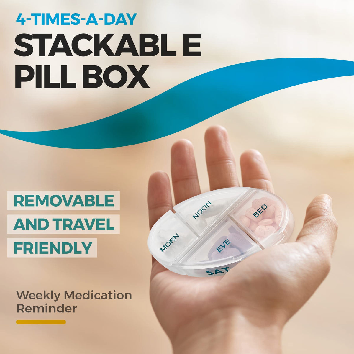 Weekly Pill Organizer, 1 Dispenser, 7 Stackable Compartments Four Times-a-Day - Morning, Noon, Evening, and Bedtime, Grey