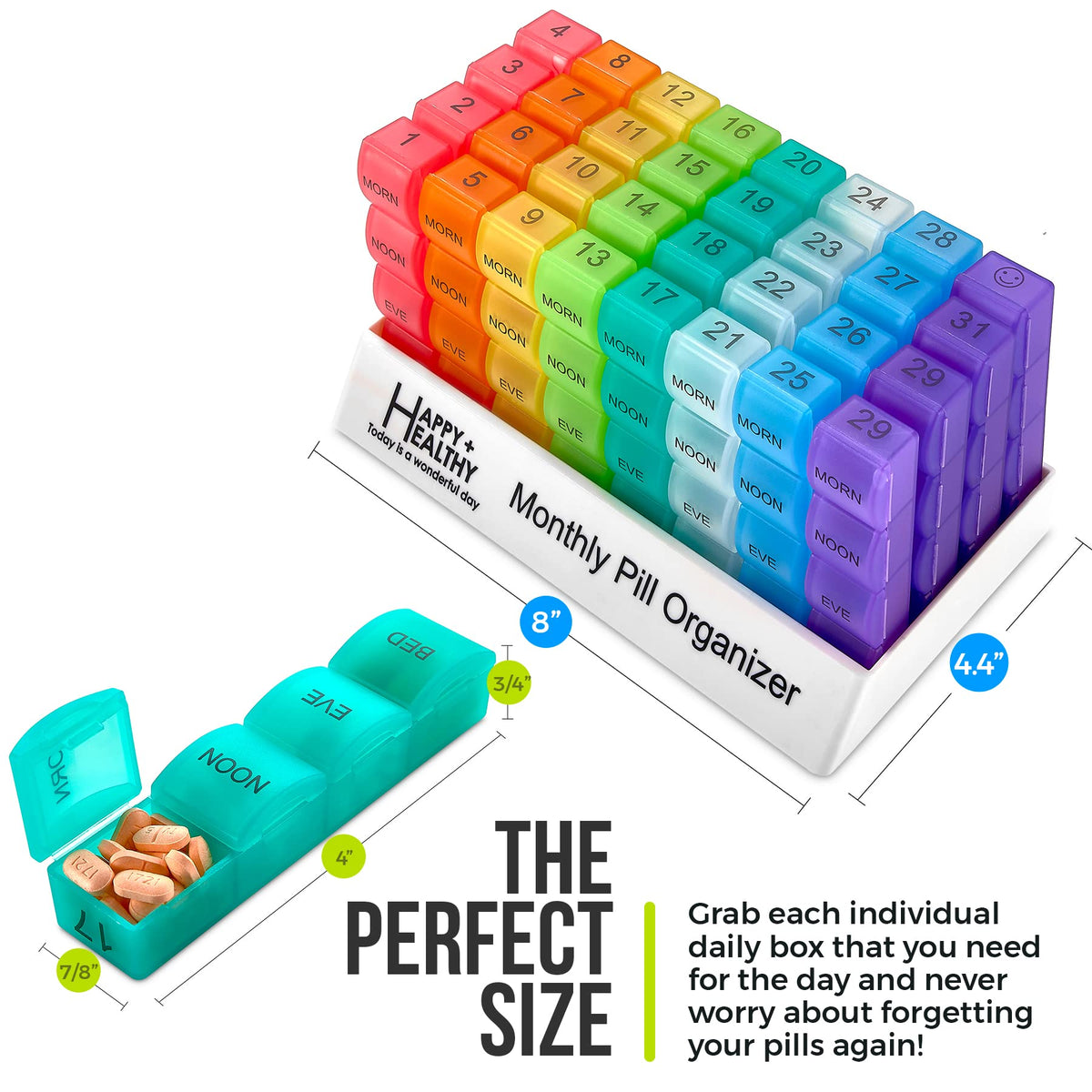 Month Pill Box Organizer - 4 Times-a-Day Morning-Noon-Evening-Night - Large 32 Daily Pill Cases with Compartments for Vitamins, Supplements, Medication -Travel Monthly Pill Organizer, Rainbow