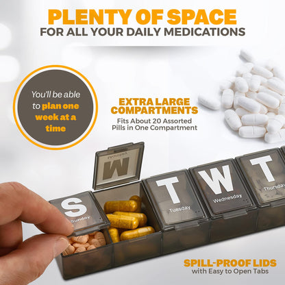 Weekly Pill Organizer - Extra Large with Easy to Read Jumbo Letters Vitamin Container, BPA Free - Daily Travel 7 Day Medication Pill Box Case, (Black)