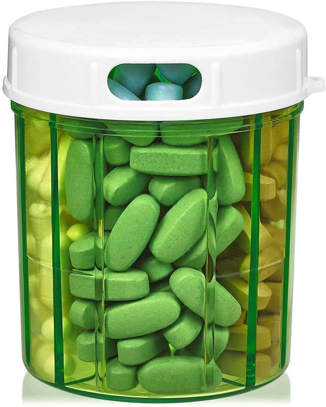 Round Pill Organizer Dispenser - Pill Boxes with 4 Compartments for Medication, Vitamins & Supplements Bottle Daily Pill