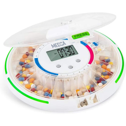 Automatic Pill Dispenser with 28-Day Electronic Medication Organizer - Lockable Key Pill Container with LCD Display, Lig