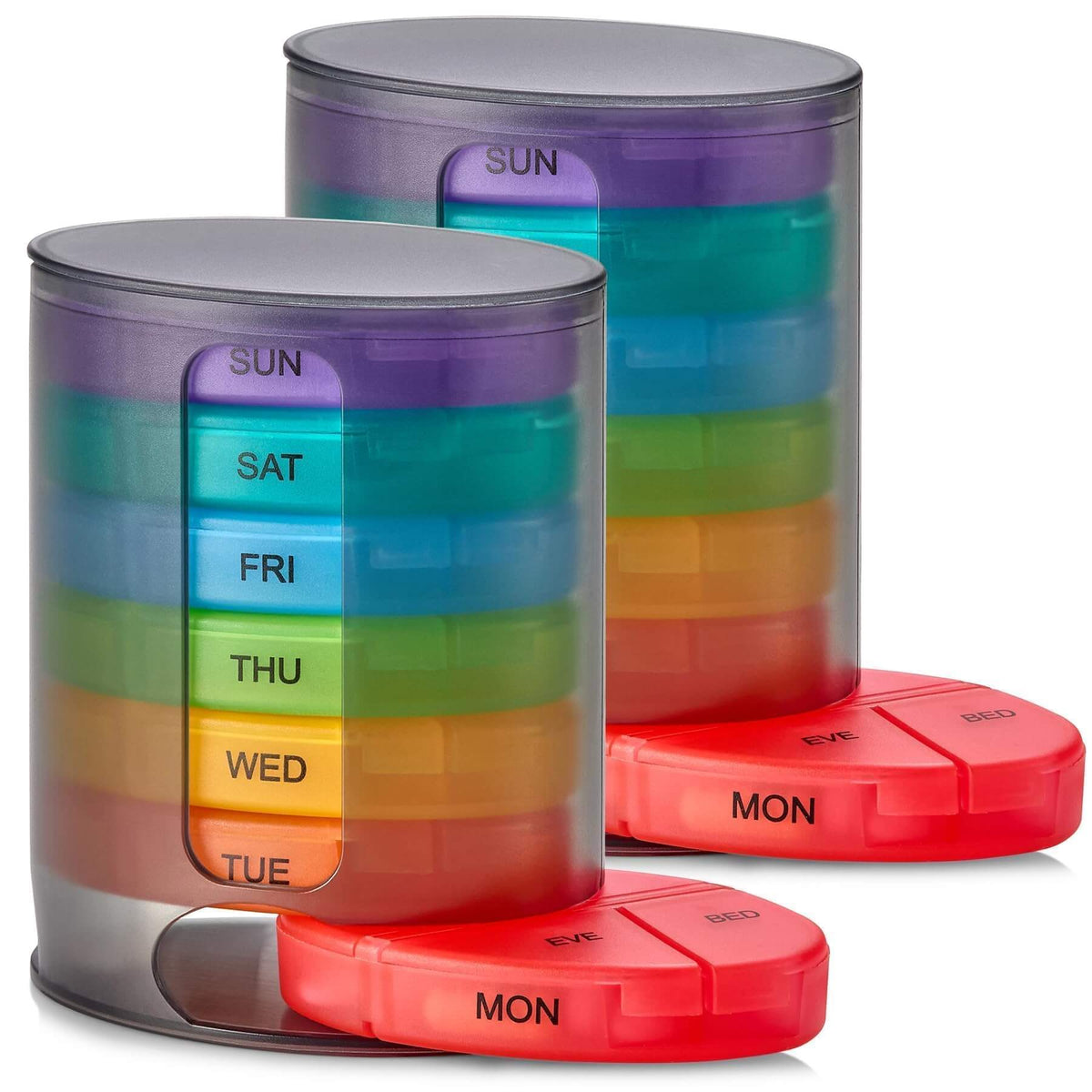 Weekly Pill Organizer, 1 Dispenser, 7 Stackable Multi-Color Compartments Four Times-a-Day - Morning, Noon, Evening, and 