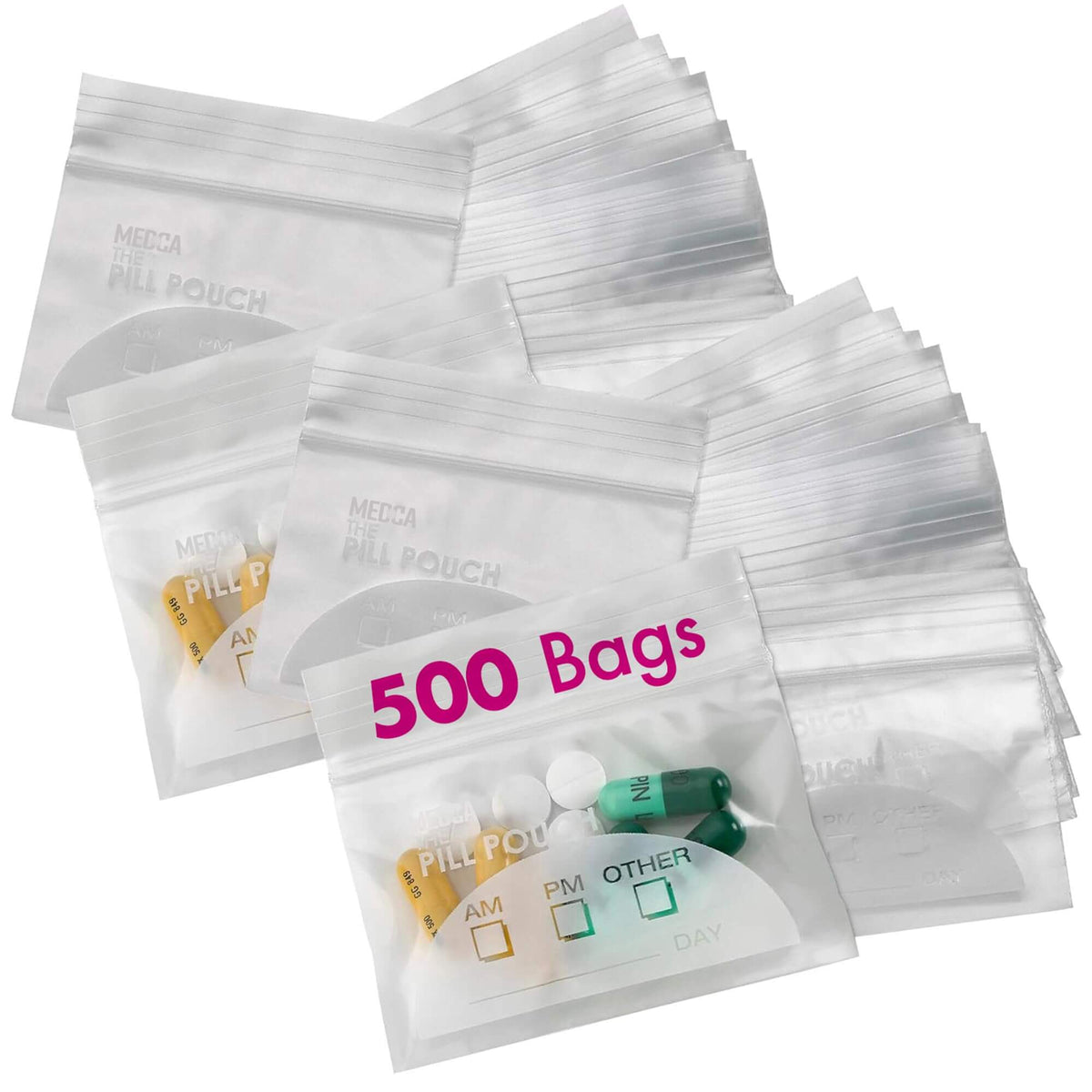Pill Pouch Bags - (Pack of 500) 3" x 2.75" - BPA Free, Poly Bag Disposable Zipper Pills Baggies, Daily AM PM Travel Medi