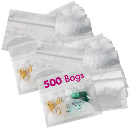 Pill Pouch Bags - (Pack of 500) 3" x 2.75" - BPA Free, Poly Bag Disposable Zipper Pills Baggies, Daily AM PM Travel Medi