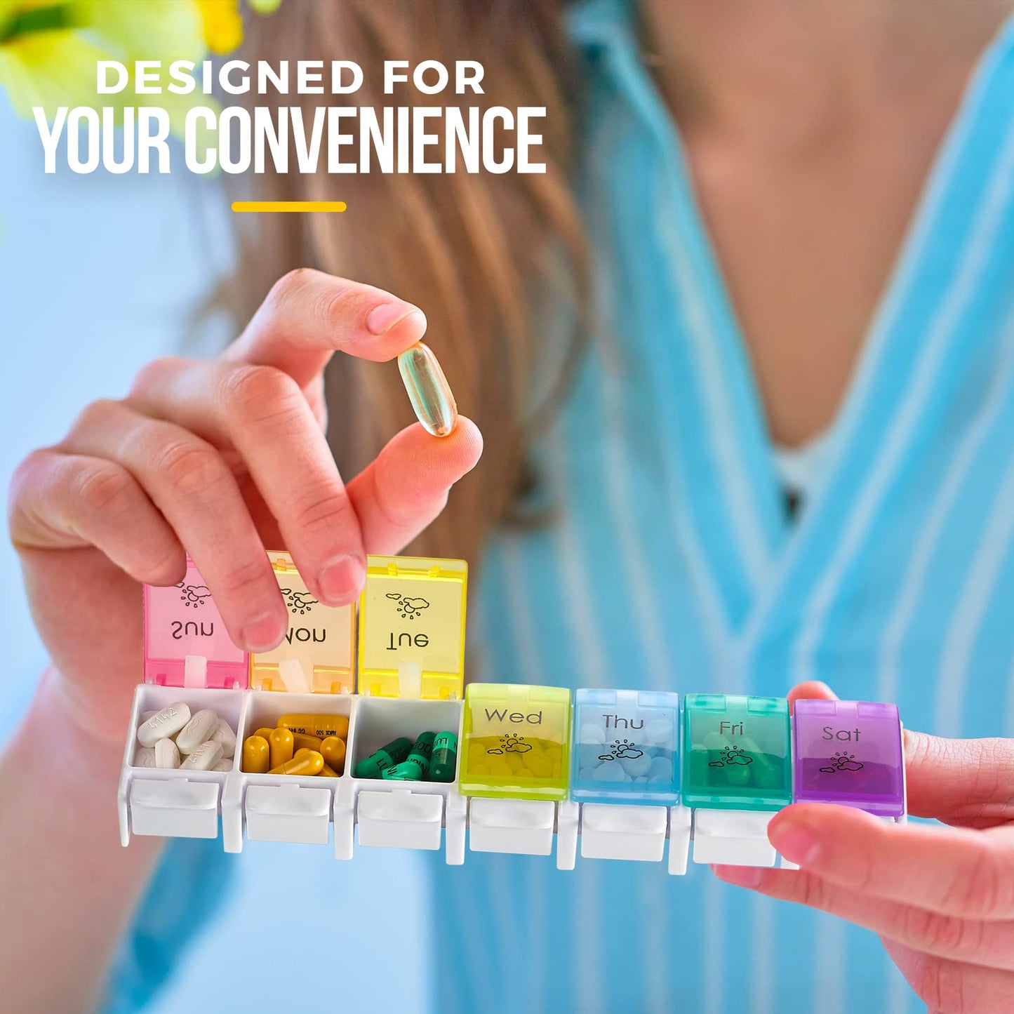 7 Day AM PM Pill Organizer – With Push Button Assisted Open A Daily Travel Pill Box Case Planner And Large Compartments For Medication Vitamins Fish Oil & Supplements, BPA Free – By
