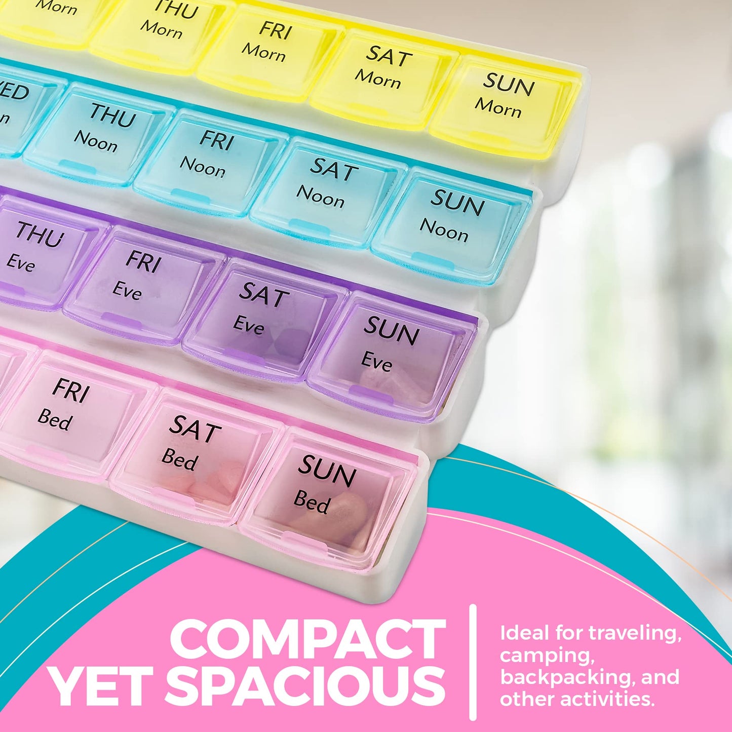 Weekly Pill Organizer - 4-Times-a-Day Pill Planner Pill Box Separates Pills & Vitamins with Daily Morning, Noon, Evening & Night Compartments, Travel Medication Reminder Monday to Sunday