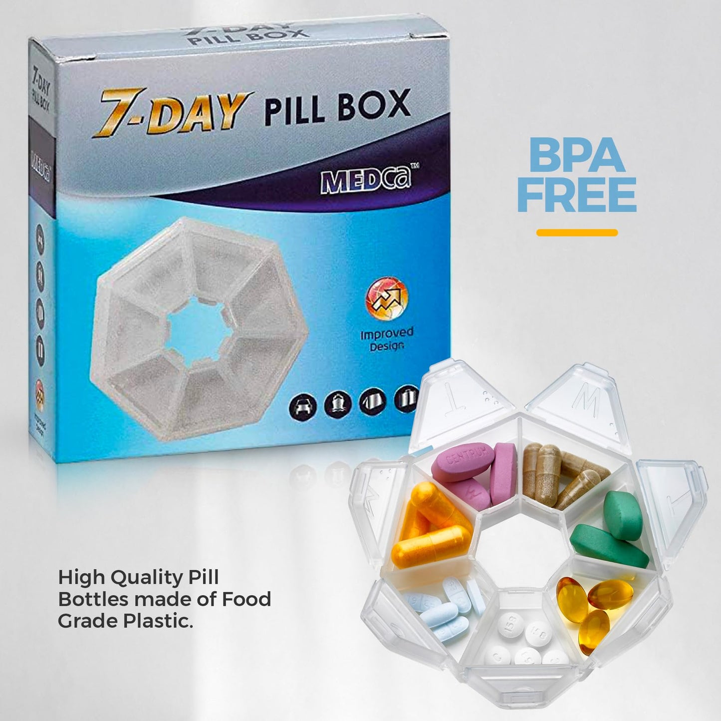 Weekly Pill Organizer Clear 7-Sided Pill Reminder, Hexagon Shaped