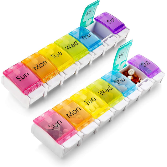 Weekly Pill Organizer - (Pack of 2) Colorful 7-Day Easy Push Button Assisted Open for Arthritis and Seniors, BPA Free, D