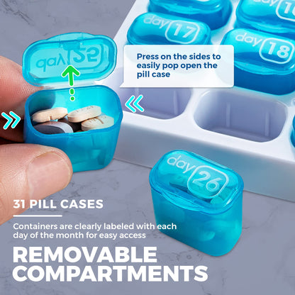 Monthly Pill Organizer - 31 Day Pill Organizer with Large Removable Medication Pods, Portable Pill Case Box and Holder for Daily Medicine and Vitamins, Great for Travel by