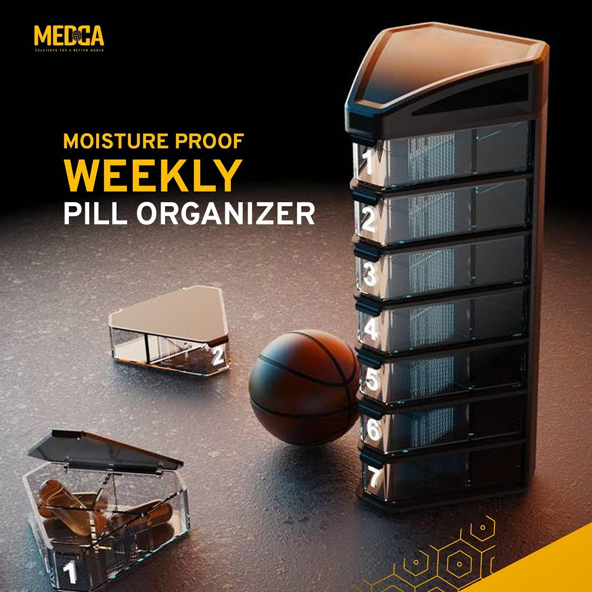 Moisture Proof Weekly Stackable Pill Organizer - BPA Free, Weekly Pill Box Case with 3 Daily Compartments - Black Pill Box to store pills, vitamins, supplements