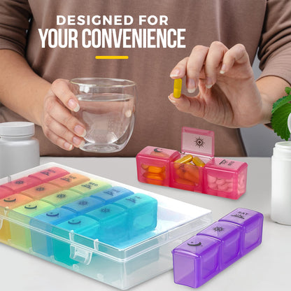 Weekly Pill Organizer Case – 3-Times-a-Day Pill Box - Large Plastic Dispenser with 7-Daily Morning Noon & Night Compartments for Pills, Supplements, Fish Oils and Vitamins