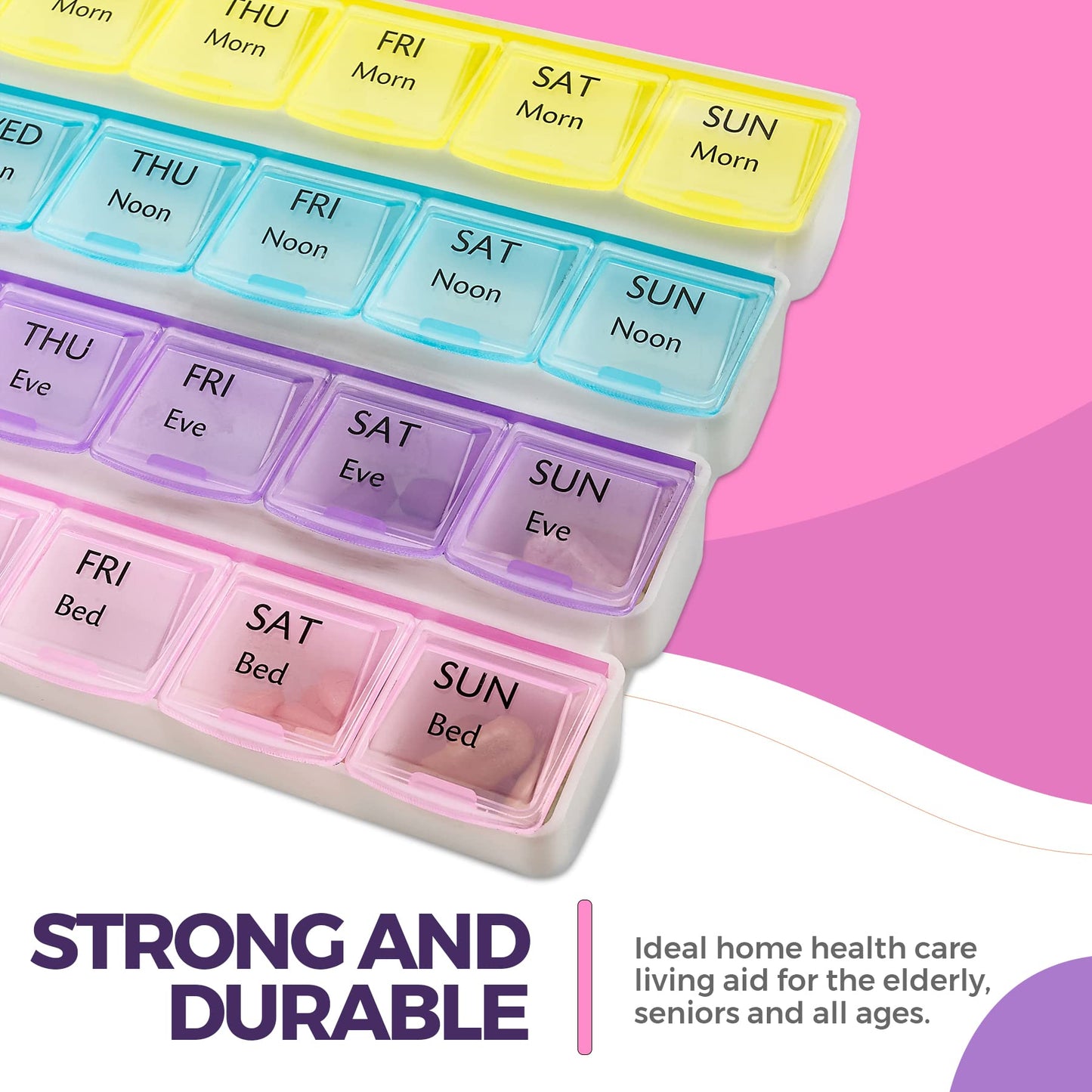 Weekly Pill Organizer - 4-Times-a-Day Pill Planner (Pack of 2) Pill Box Separates Pills & Vitamins with Daily Morning, Noon, Evening & Night Compartments, Travel Medication Reminder Monday to Sunday