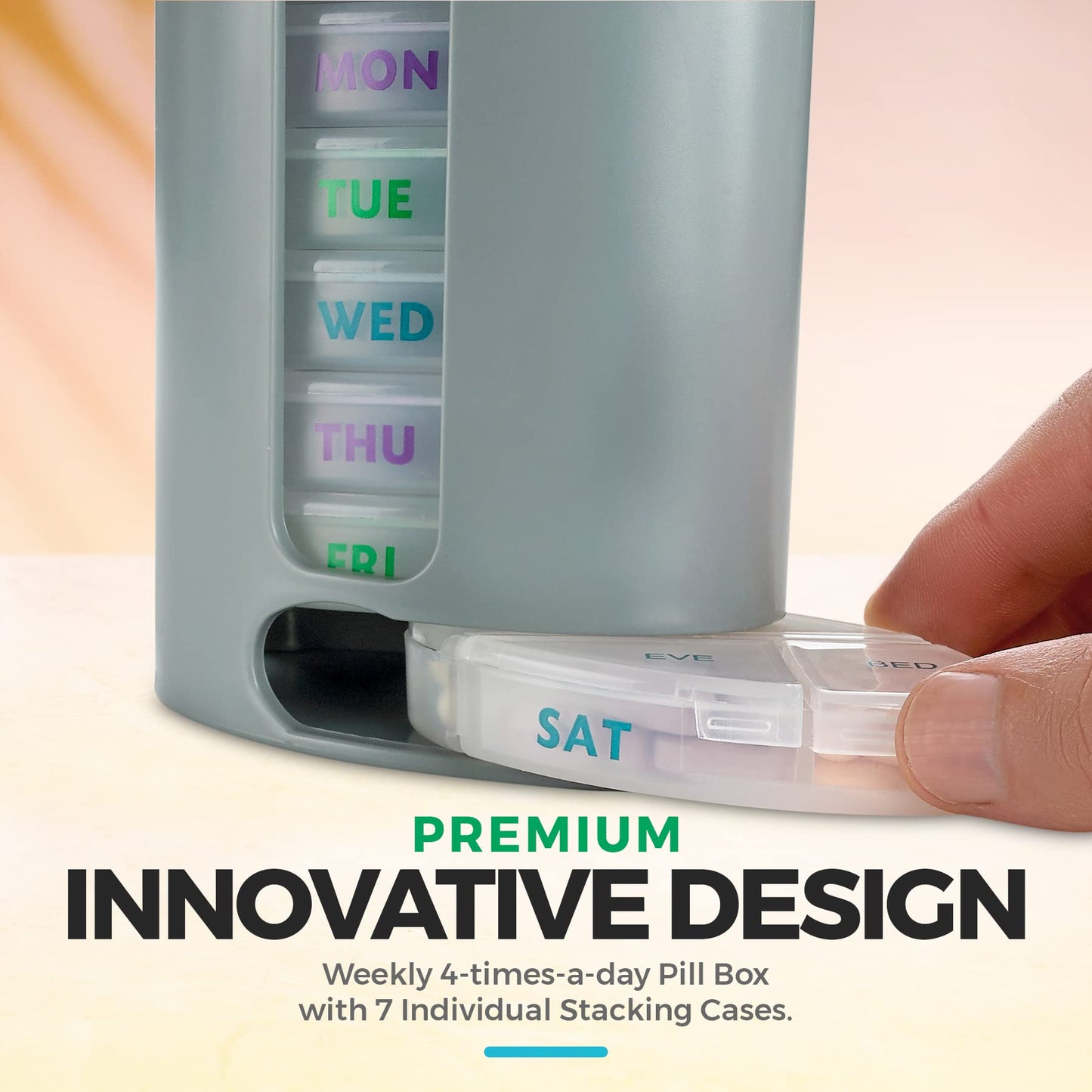 Weekly Pill Organizer, 1 Dispenser, 7 Stackable Compartments Four Times-a-Day - Morning, Noon, Evening, and Bedtime, Grey