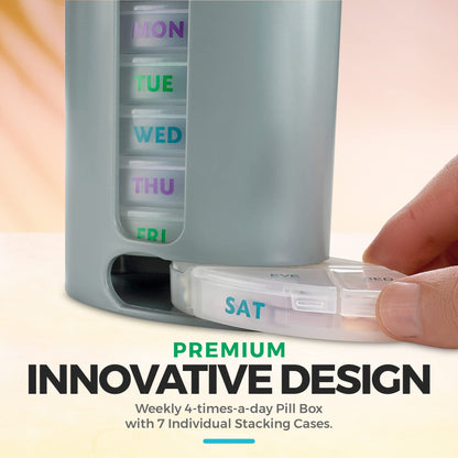 Weekly Pill Organizer, 1 Dispenser, 7 Stackable Compartments Four Times-a-Day - Morning, Noon, Evening, and Bedtime, Grey