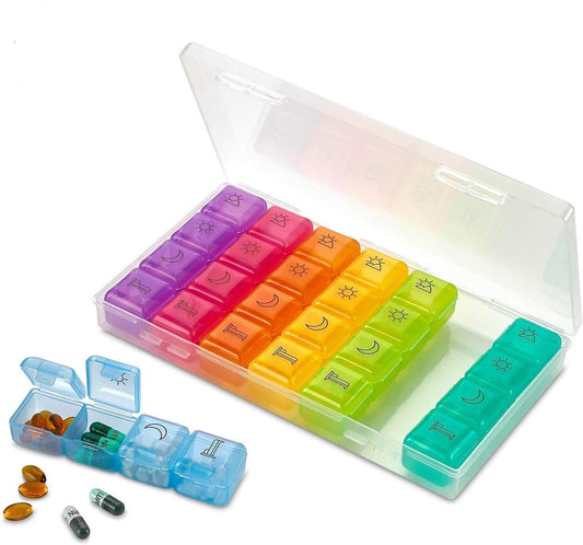 Weekly Pill Organizer - 4 Compartment Am/pm Pill Box, 7 Day Large Travel Medication Dispenser Case for Vitamins and Medi