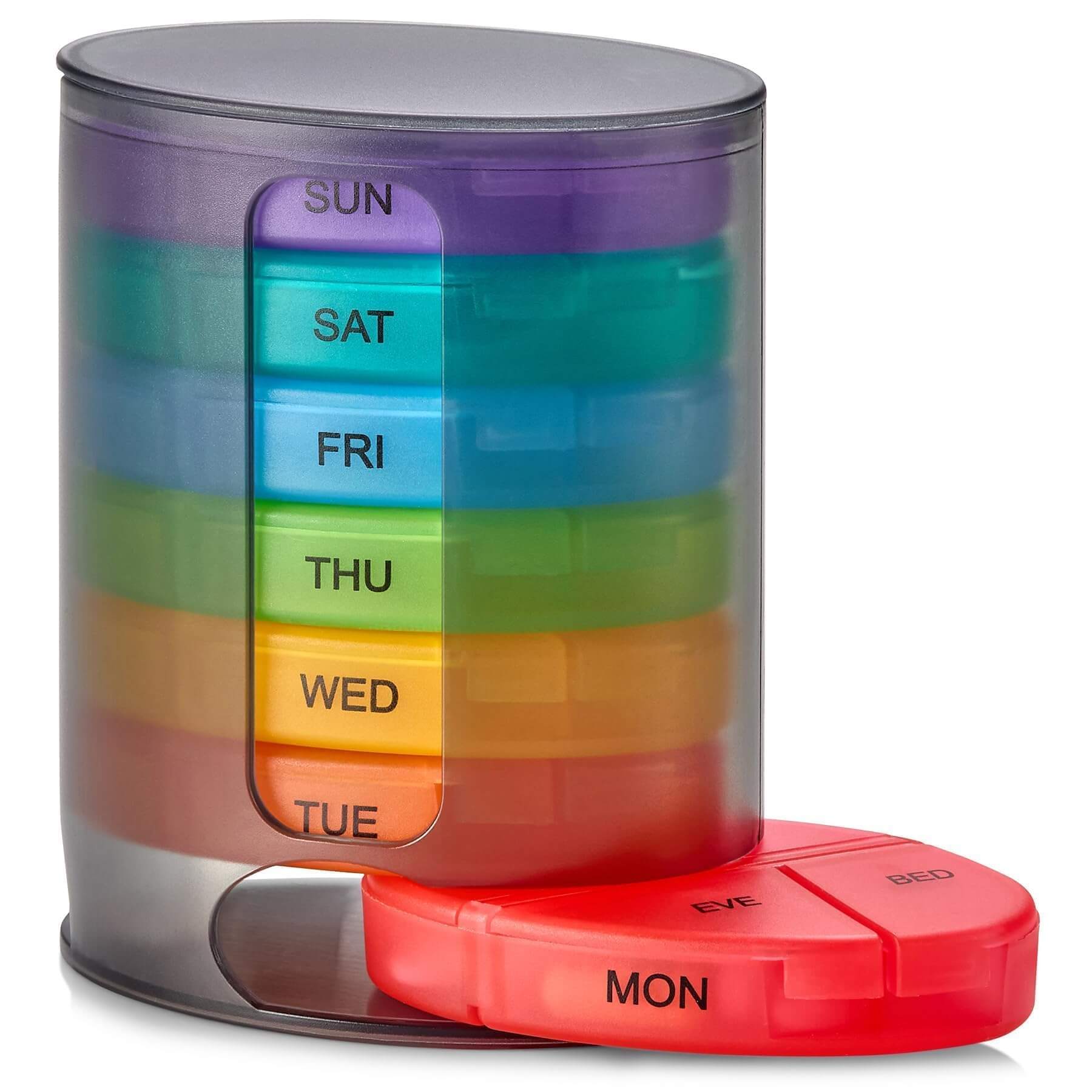 Weekly Pill Organizer, 1 Dispenser, 7 Stackable Multi-Color Compartments Four Times-a-Day - Morning, Noon, Evening, and 