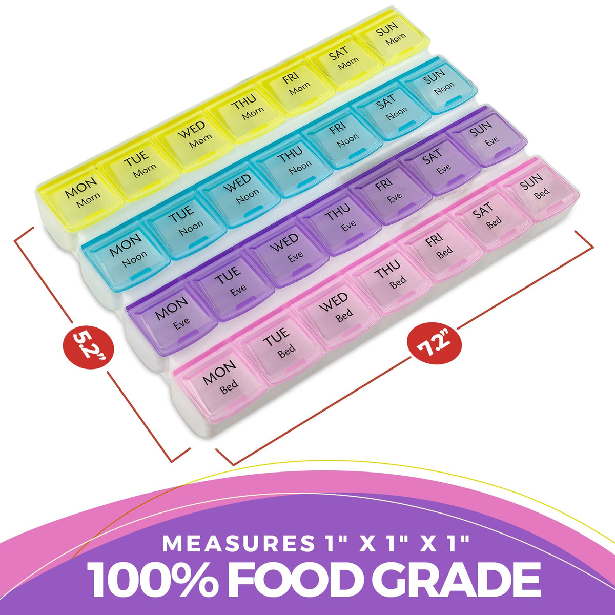 Weekly Pill Organizer - 4-Times-a-Day Pill Planner Pill Box Separates Pills & Vitamins with Daily Morning, Noon, Evening & Night Compartments, Travel Medication Reminder Monday to Sunday