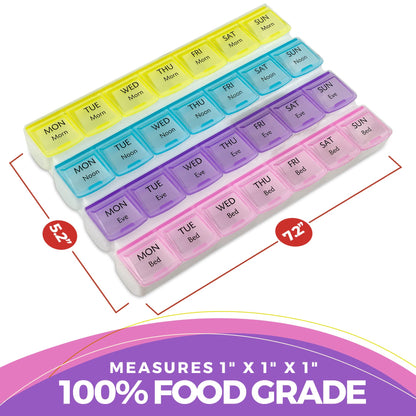 Weekly Pill Organizer - 4-Times-a-Day Pill Planner Pill Box Separates Pills & Vitamins with Daily Morning, Noon, Evening & Night Compartments, Travel Medication Reminder Monday to Sunday