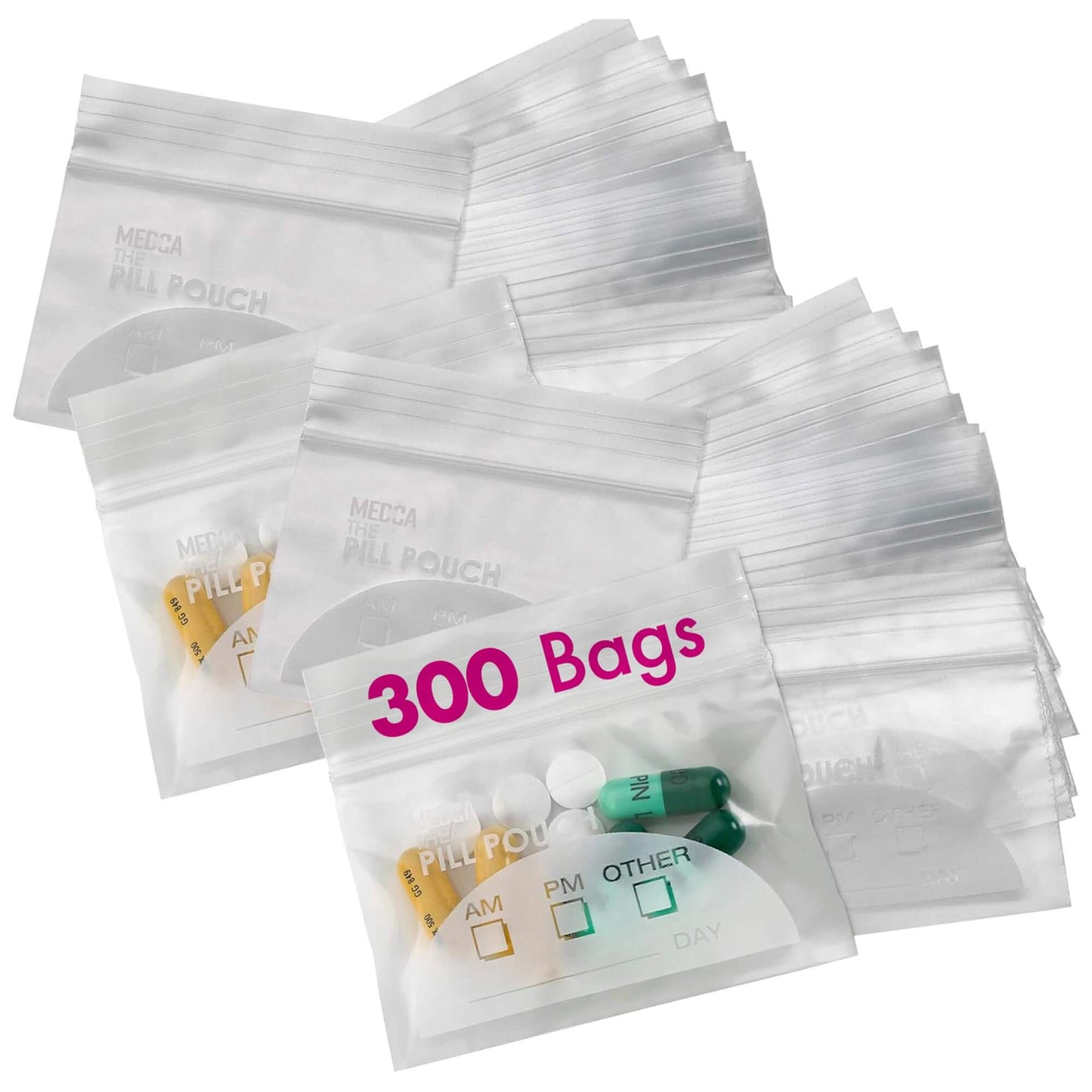 Pill Pouch Bags - (Pack of 300) 3" x 2.75" - BPA Free, Poly Bag Disposable Zipper Pills Baggies, Daily AM PM Travel Medi