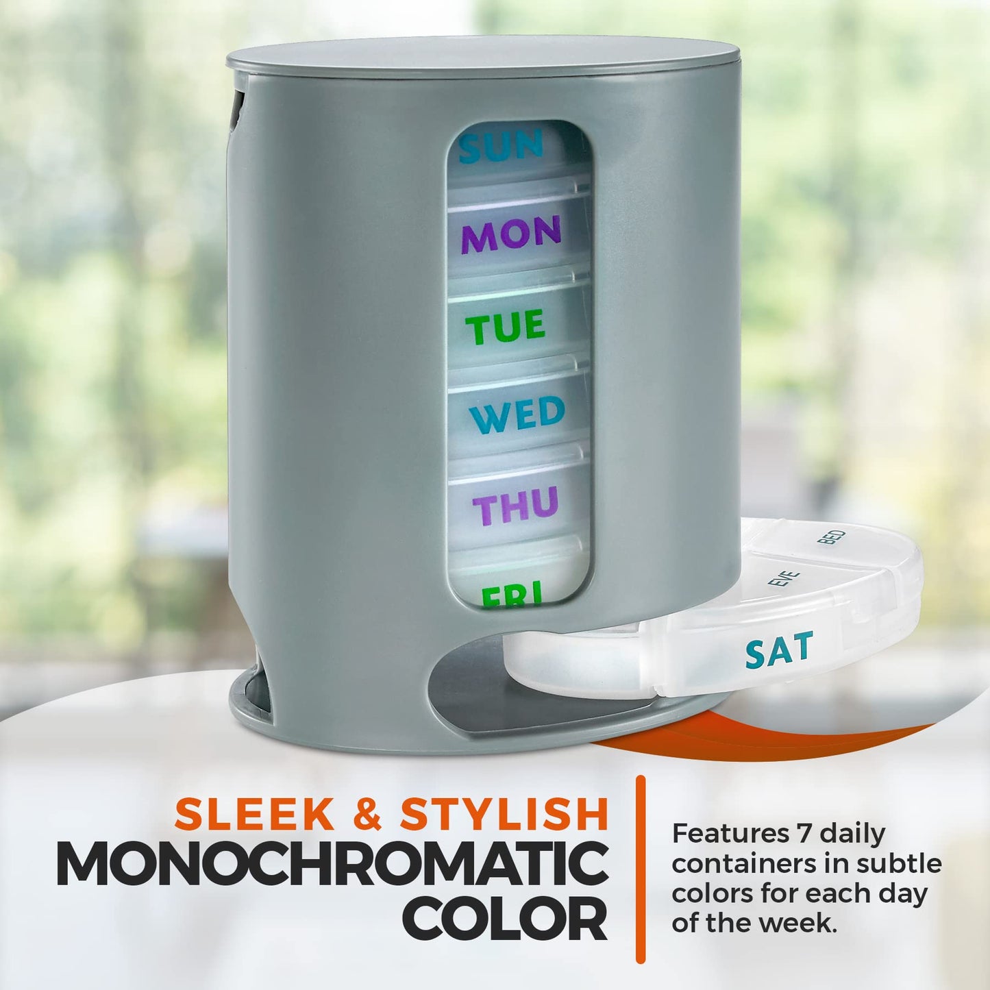 Weekly Pill Organizer, 1 Dispenser, 7 Stackable Compartments Four Times-a-Day - Morning, Noon, Evening, and Bedtime, Grey