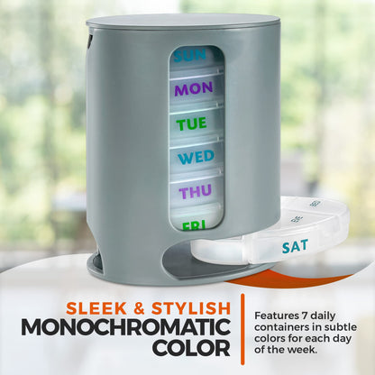 Weekly Pill Organizer, 1 Dispenser, 7 Stackable Compartments Four Times-a-Day - Morning, Noon, Evening, and Bedtime, Grey