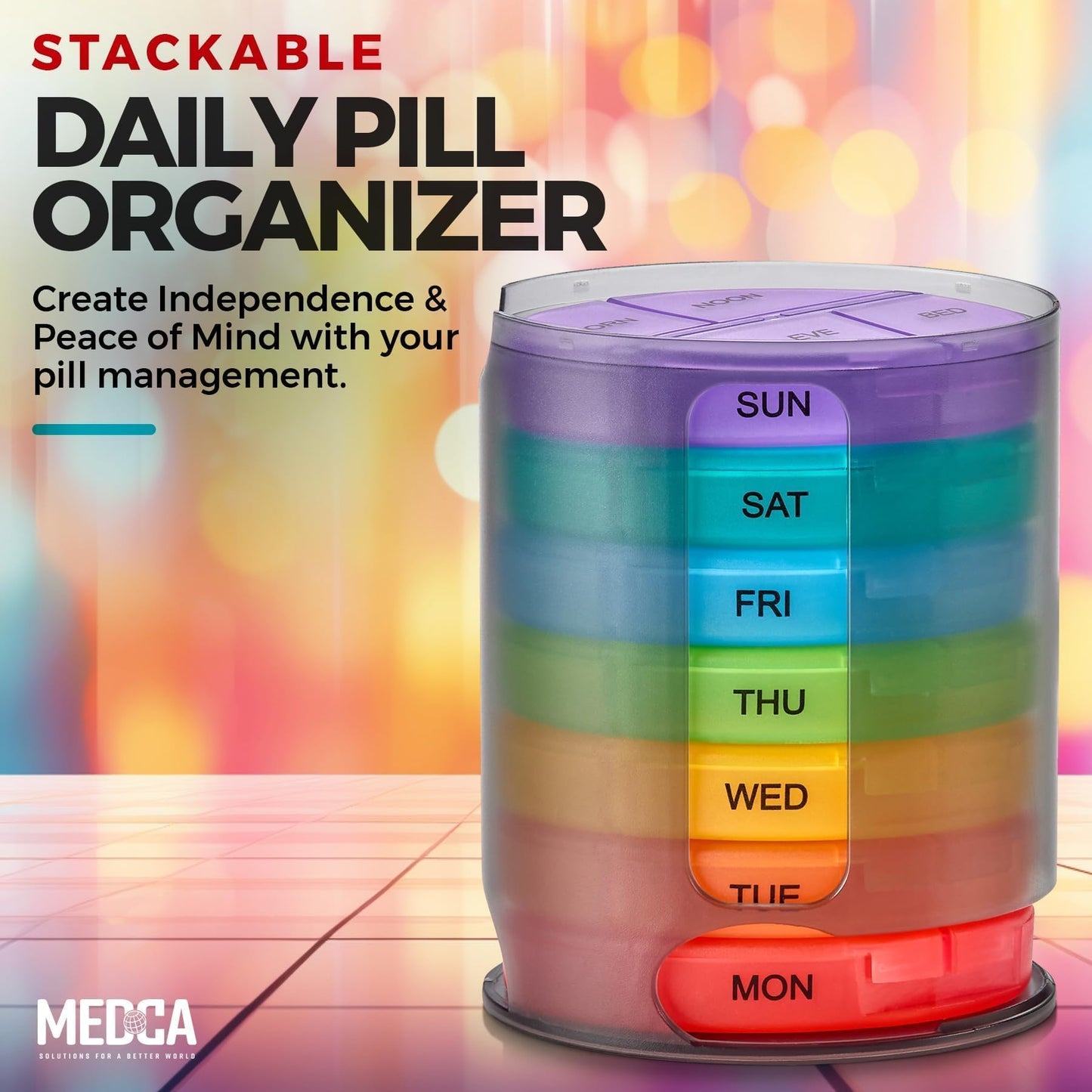 Weekly Pill Organizer, 1 Dispenser, 7 Stackable Multi-Color Compartments Four Times-a-Day - Morning, Noon, Evening, and Bedtime, Black