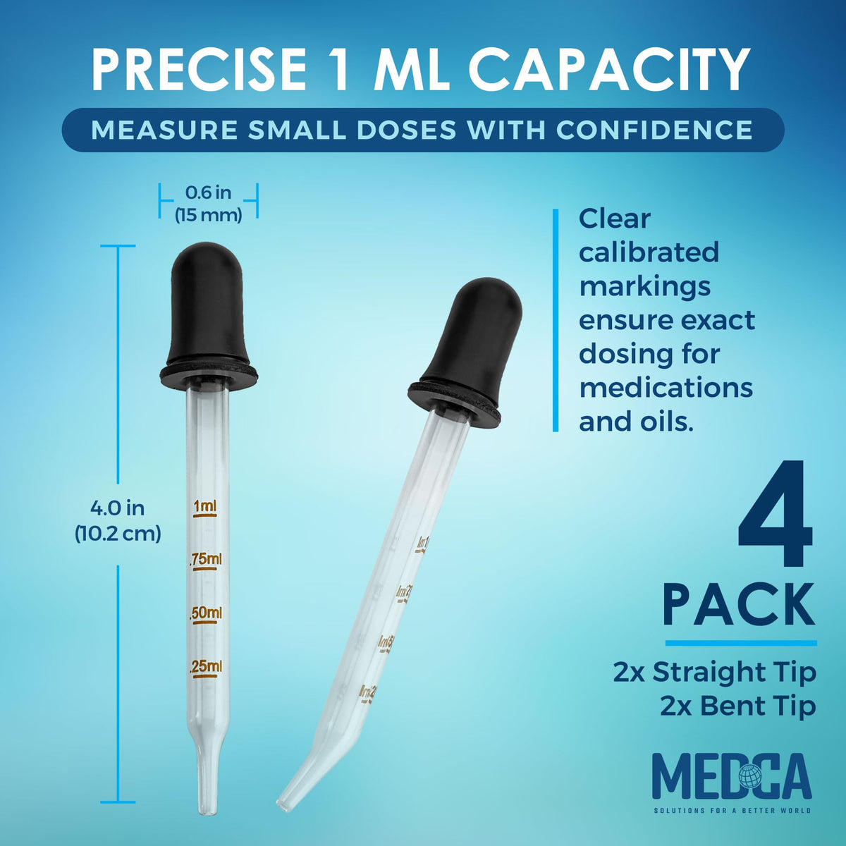 Eye Dropper - (Pack of 4) Bent & Straight Tip Calibrated Glass Medicine Droppers for Essential Oils | Pipette Dropper for Accurate Easy Dose and Measurement (1 mL Capacity)