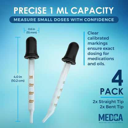 Eye Dropper - (Pack of 4) Bent & Straight Tip Calibrated Glass Medicine Droppers for Essential Oils | Pipette Dropper for Accurate Easy Dose and Measurement (1 mL Capacity)