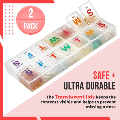 Large Weekly Pill Organizer - (2 Pack) AM PM Pill Box - XL 7 Day Pill Organizer 2 Times A Day and Daily Pill Organizer Case for Medication, Pills, Supplements with Braille, Bright, Easy to Read