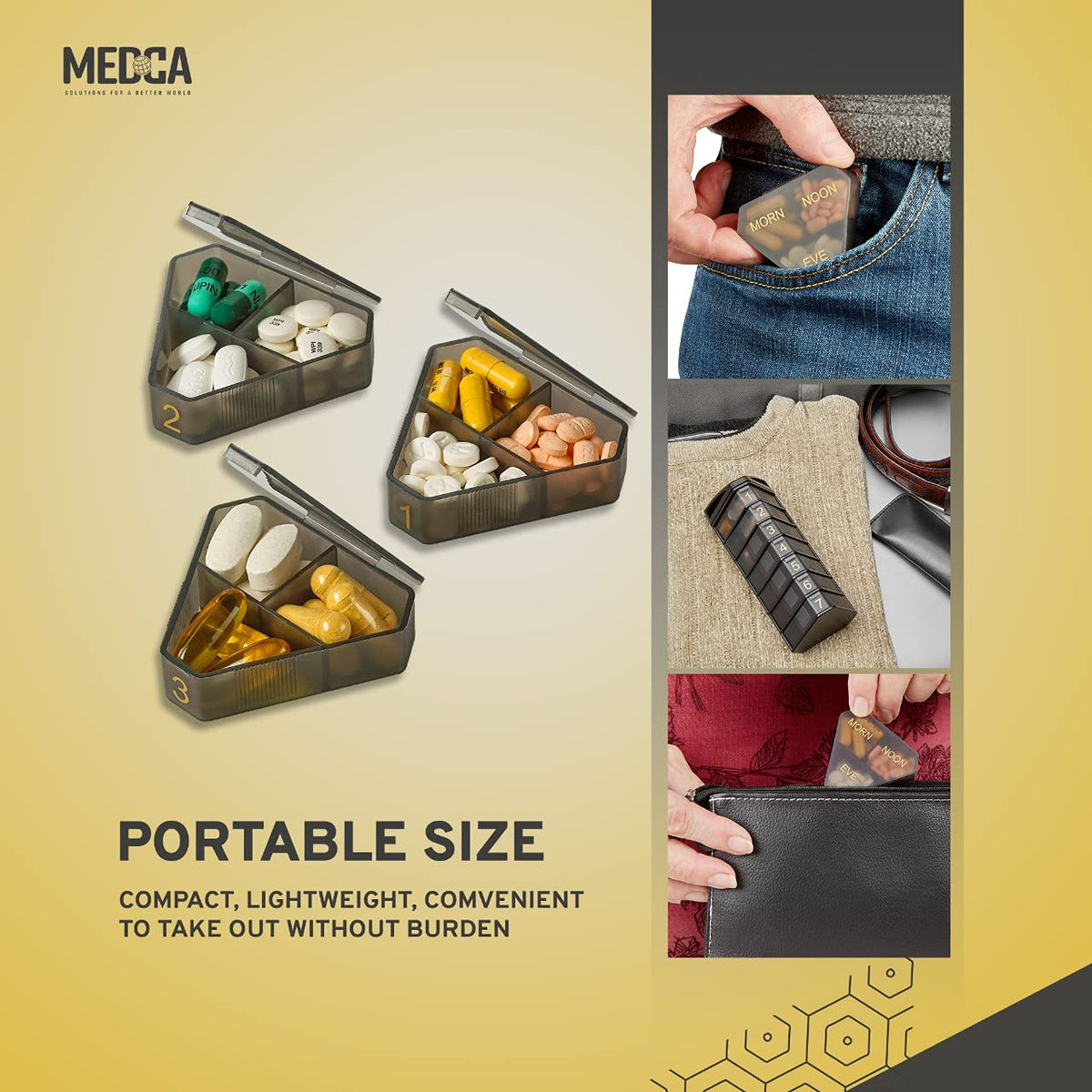 Moisture Proof Weekly Stackable Pill Organizer - BPA Free, Weekly Pill Box Case with 3 Daily Compartments - Black Pill Box to store pills, vitamins, supplements