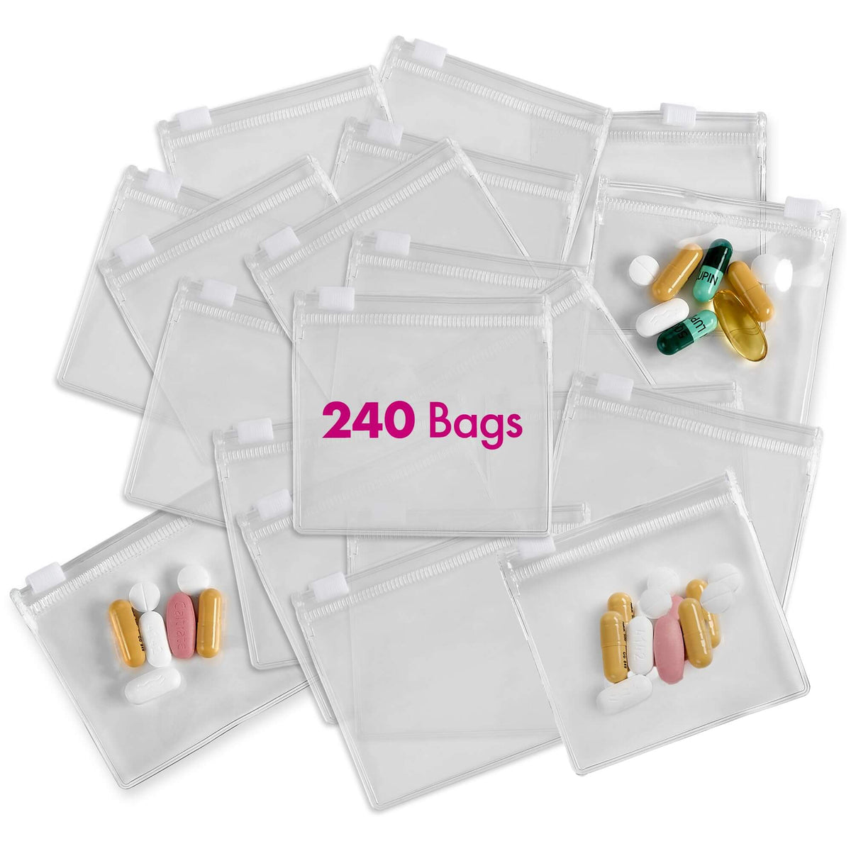 Zippered Pill Pouch Bags - 240 Pcs, Slide Lock Clear Plastic Mini Bags, BPA-Free for Pills Vitamins, Supplements, Medica