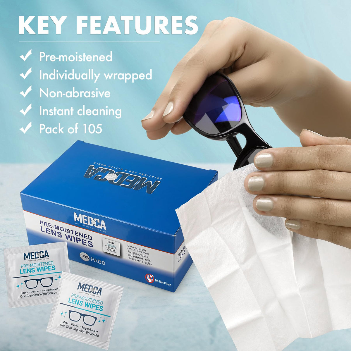 Lens Cleaning Wipes - [105 Pack] Pre Moistened Cleansing Cloths and Individually Wrapped Eyeglass Cleaner Wipe Pads for Phones, Tablet Screens, Helps Clean Cameras, Electronics, Photo Lens and Optics