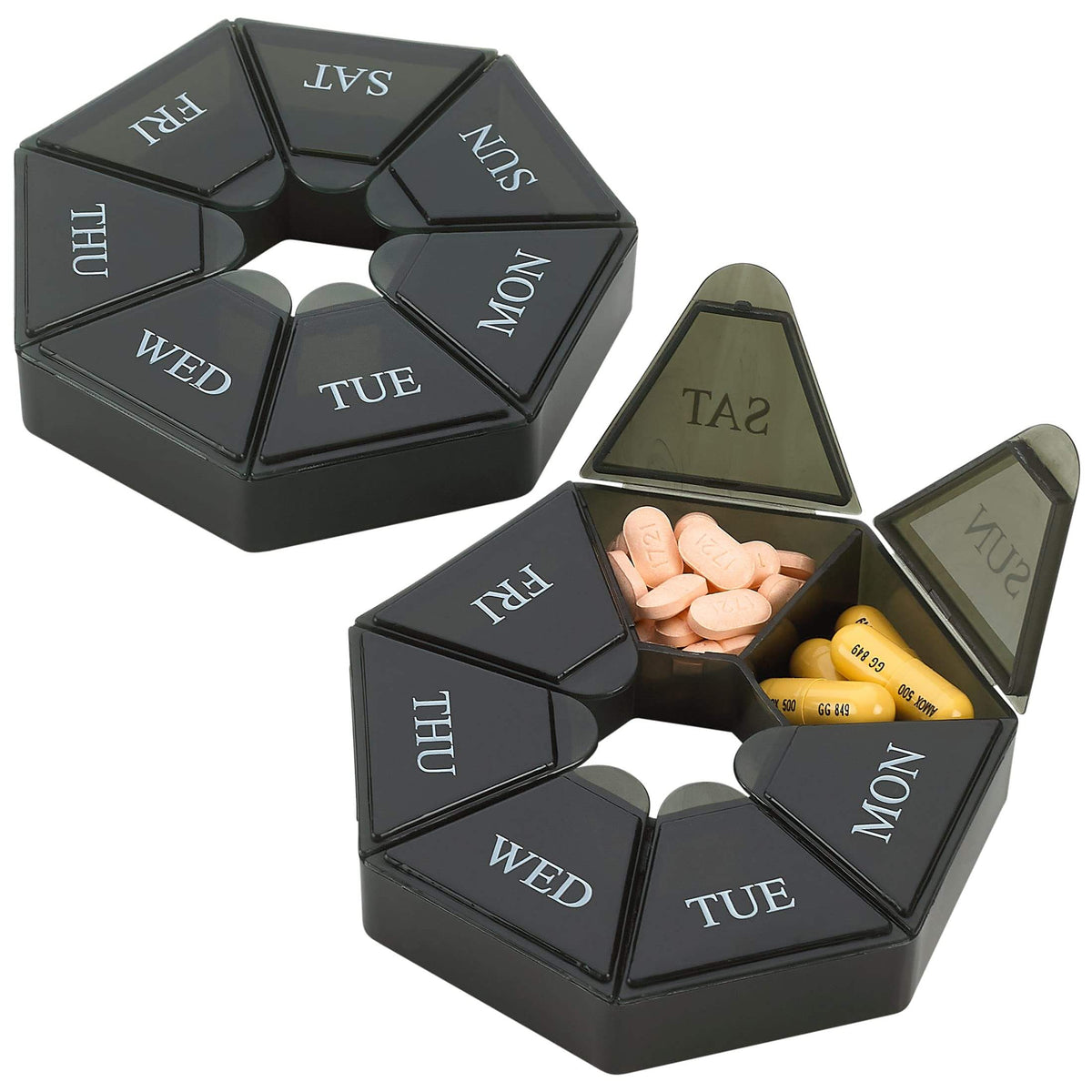 Weekly Pill Organizer - (Pack of 2) 7-Day Pill Container - Arthritis Friendly Portable & Compact Travel Case Daily Compa